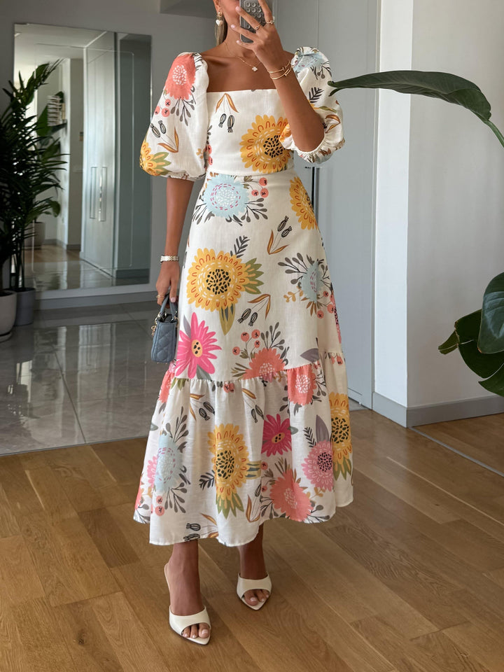 Lauren™ | Square Neck Floral Print Puff Sleeve Midi Dress