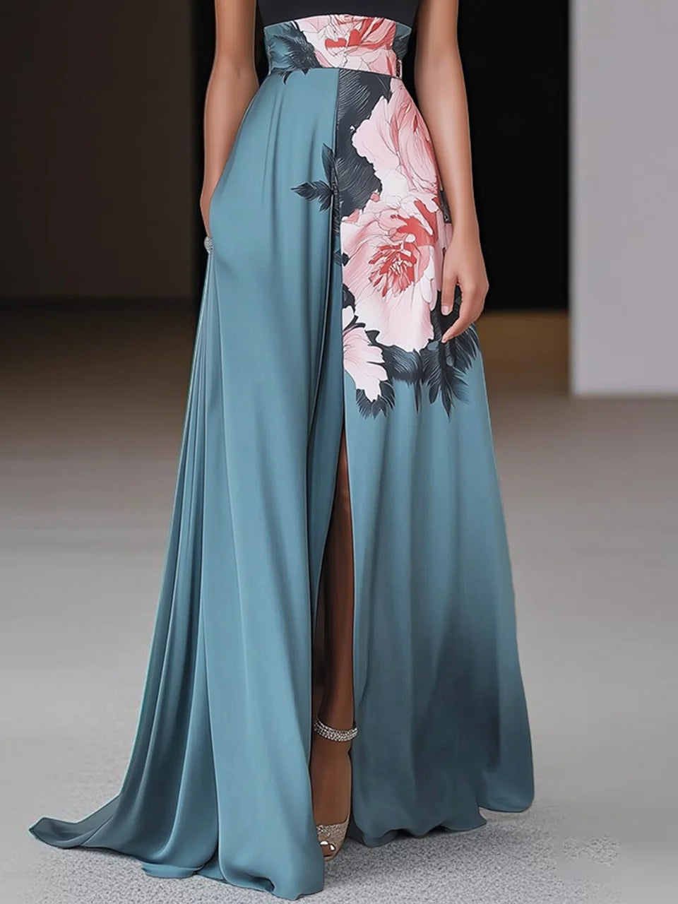 Janelle™ | Black Slit Floral Classic Crew Neck Sleeveless A-Line Maxi Dress