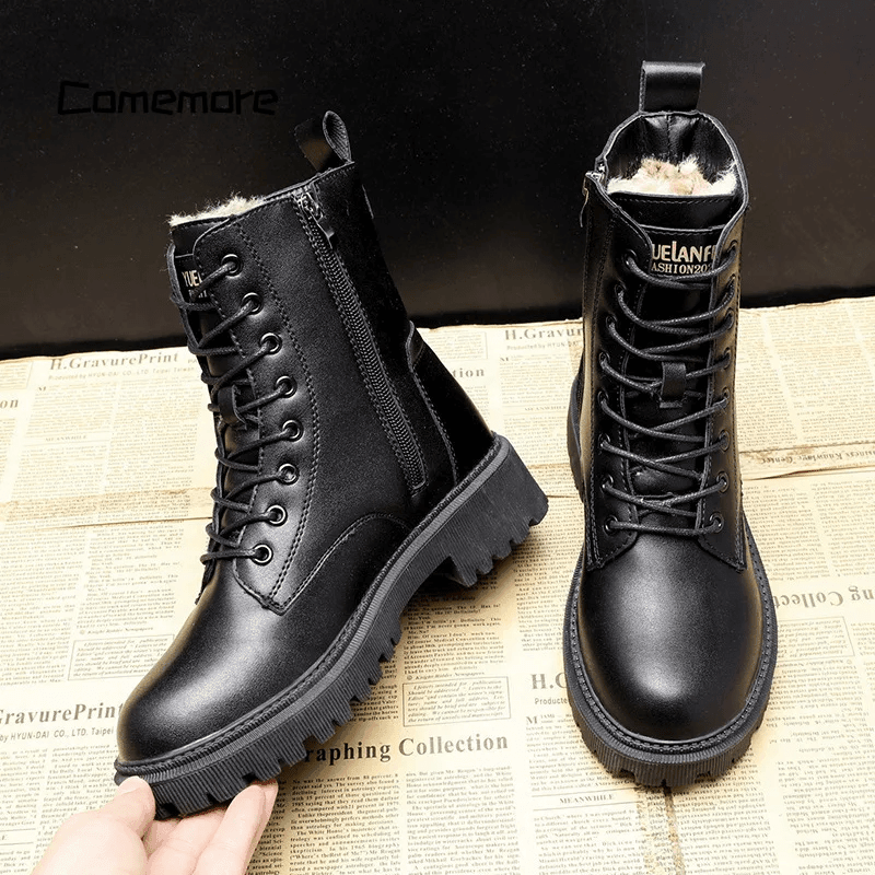 Martine™ | Black Leather Warm Boots