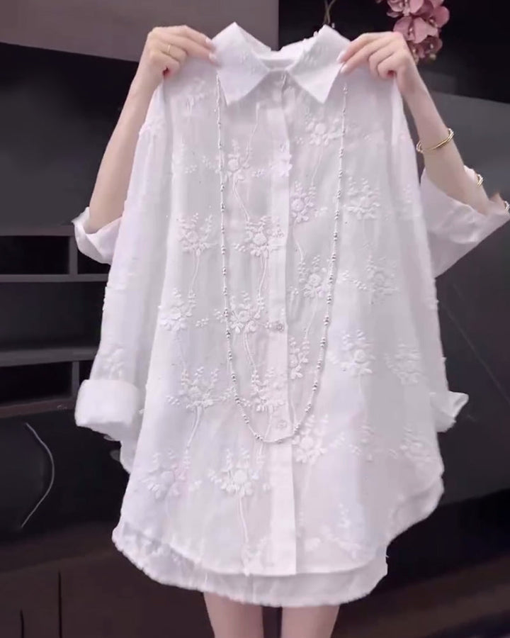 Anneliese™ | Embroidered Solid Color Shirt with Dropped Shoulders